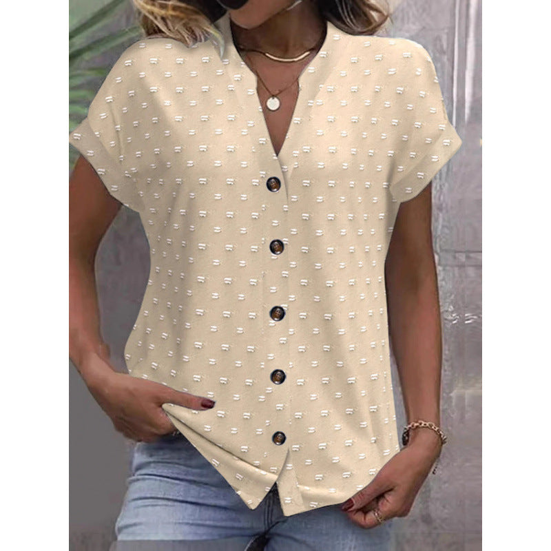 V-neck Short-sleeved Jacquard Top Casual Shirt