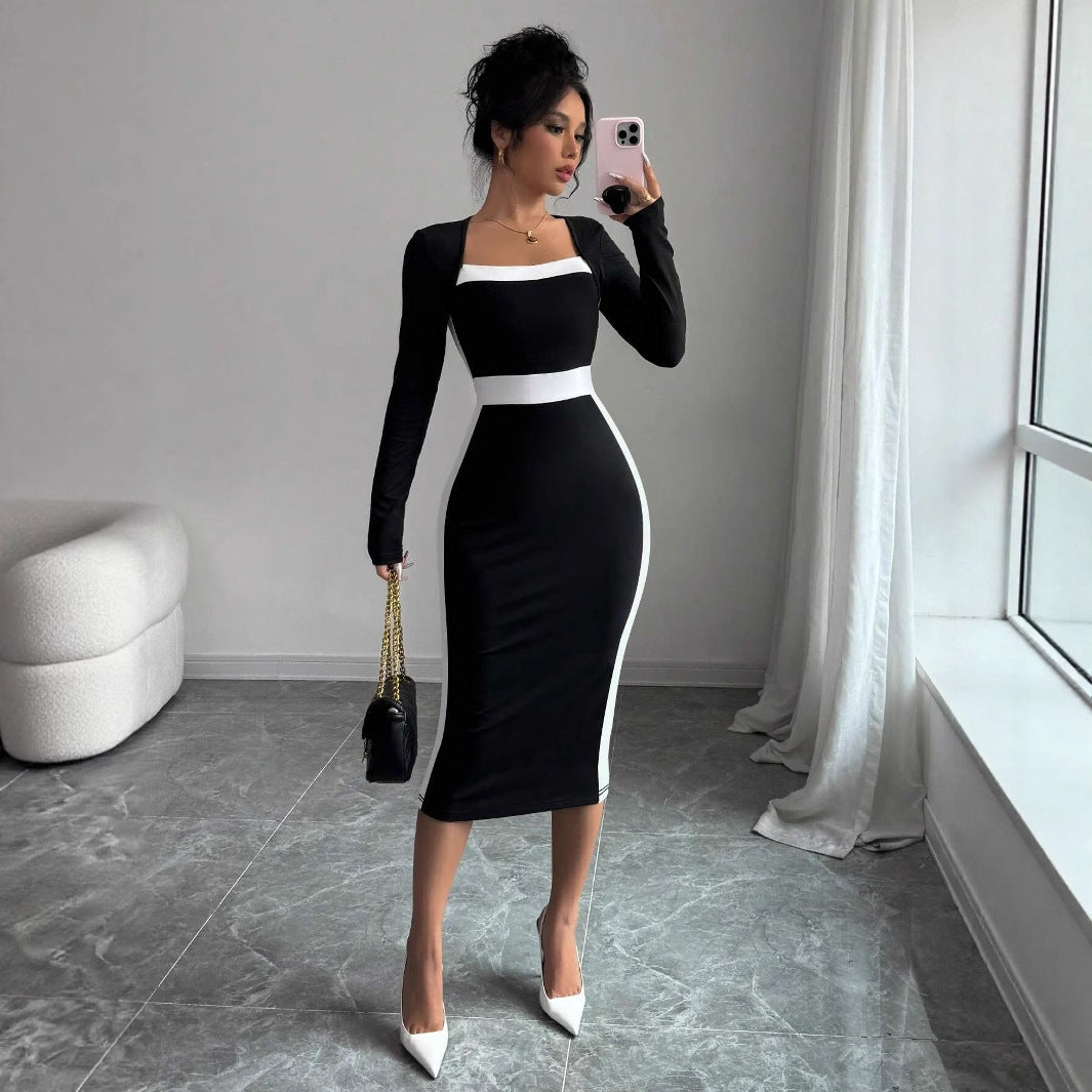 Women's Fashion Elegant Slim Fit Square Collar Long Sleeve Narrow Stitching Temperament Dress