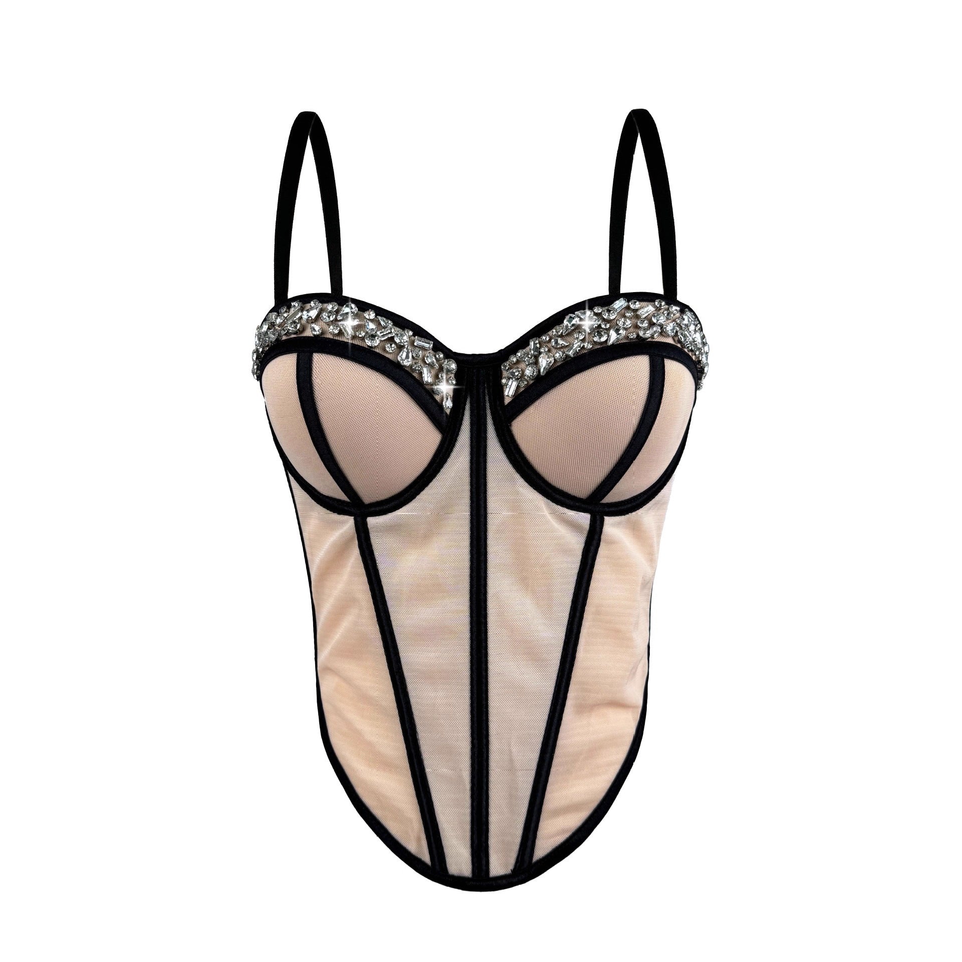 New Rhinestone Mesh Corset Fishbone Waist Sexy Backless Suspender