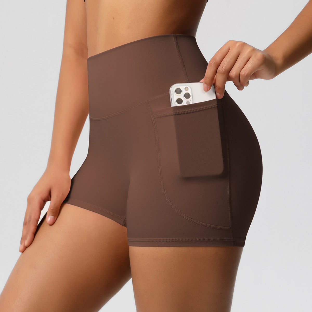 Brushed Solid Color Pocket High Waist Tight High Elastic Yoga Shorts