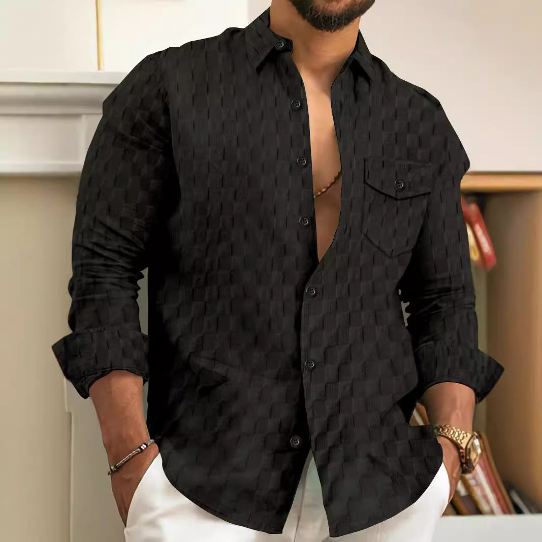 Men's Plaid Jacquard Chest Pocket Lapels Long Sleeve Lapel Shirt