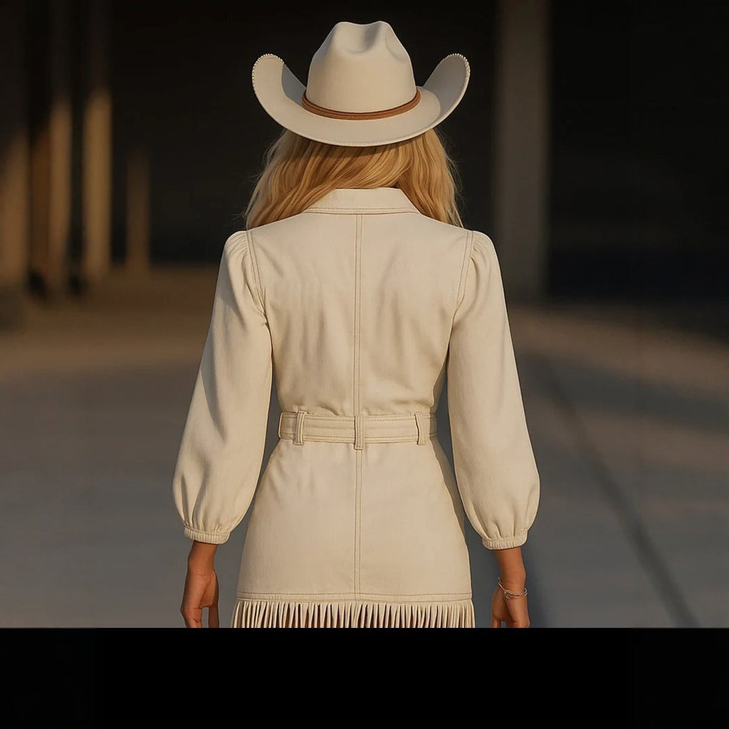 V-neck Puff Sleeve Tassel Thin Effect Denim Dress