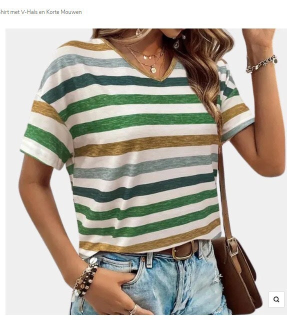Casual Top Fashion Trend Stripes Short Sleeve Women V-neck