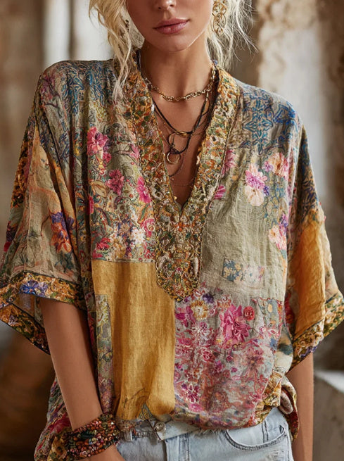 Flower Vintage Tie-dye V-neck Short-sleeve Shirt