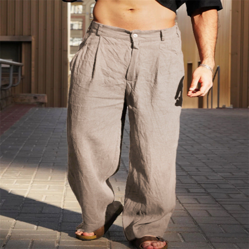 Men's Spring And Summer Linen Pleated Wide-leg Pants Mid-waist Breathable