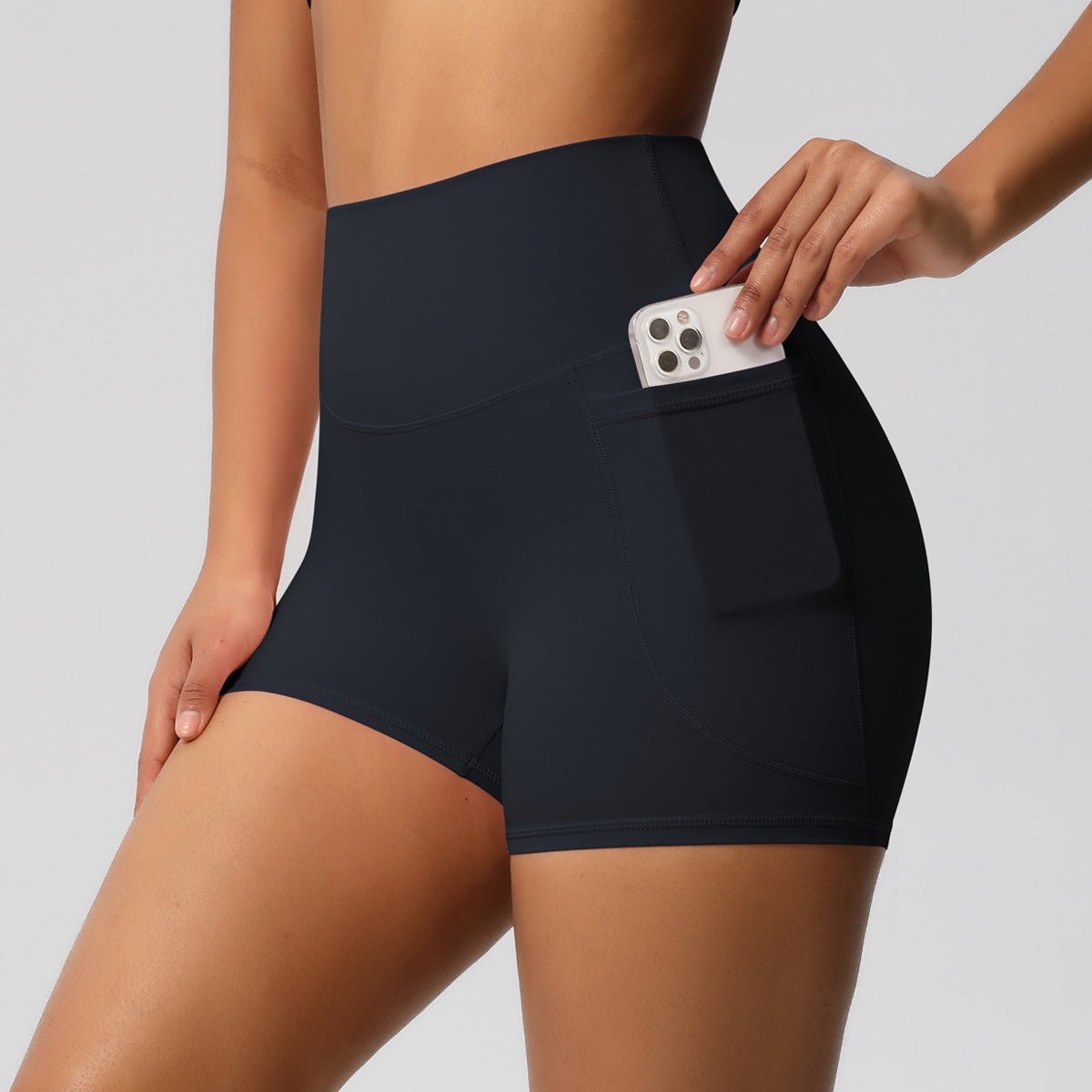 Brushed Solid Color Pocket High Waist Tight High Elastic Yoga Shorts