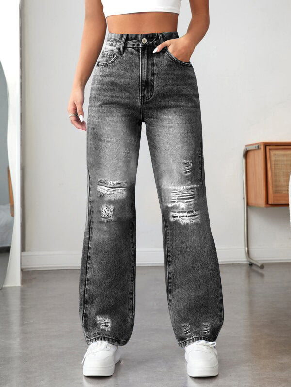 Ripped Straight Denim Women's Loose Trousers