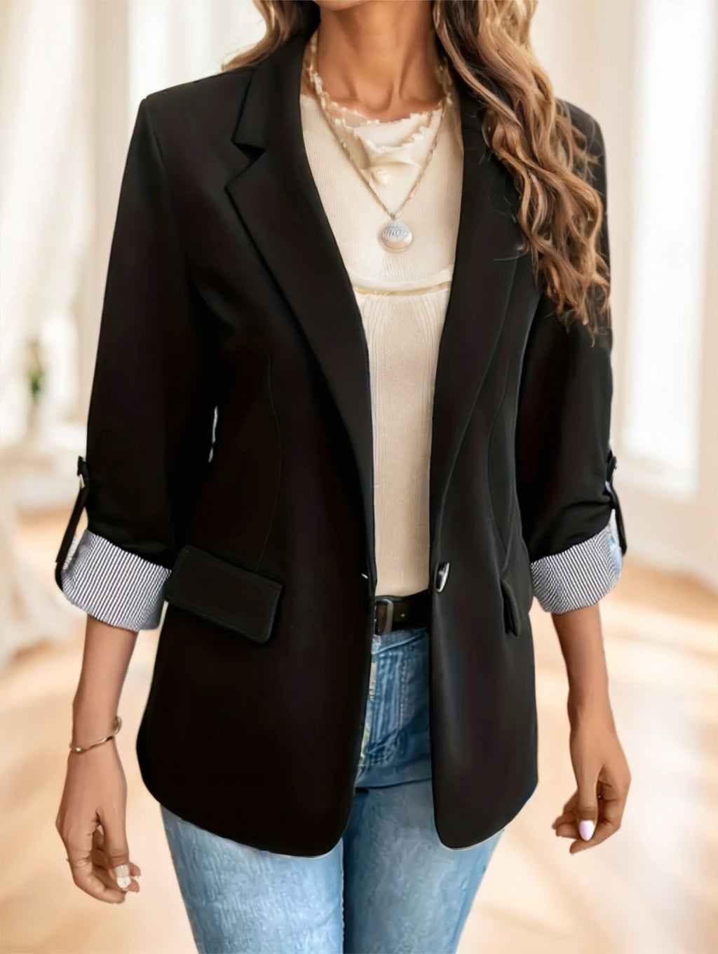 Women'S Stylish Green Blazer With Roll-Up Sleeves