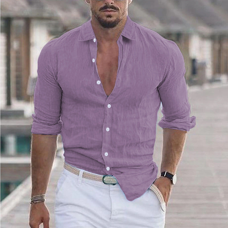 Men's Cotton And Linen Lapel Long Sleeve Solid Color Shirt