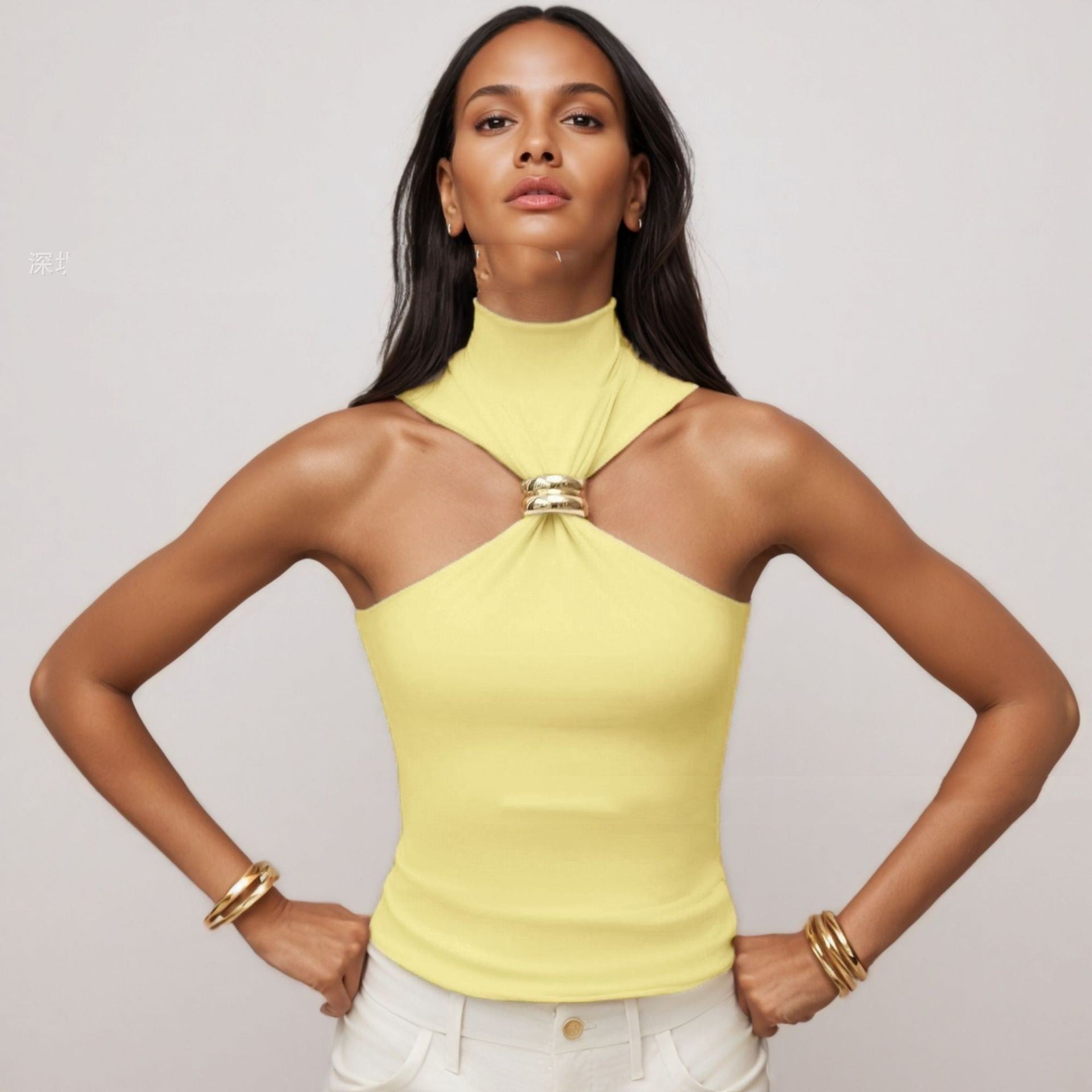 Gold Ring Sleeveless Cold-shoulder Stretch Top