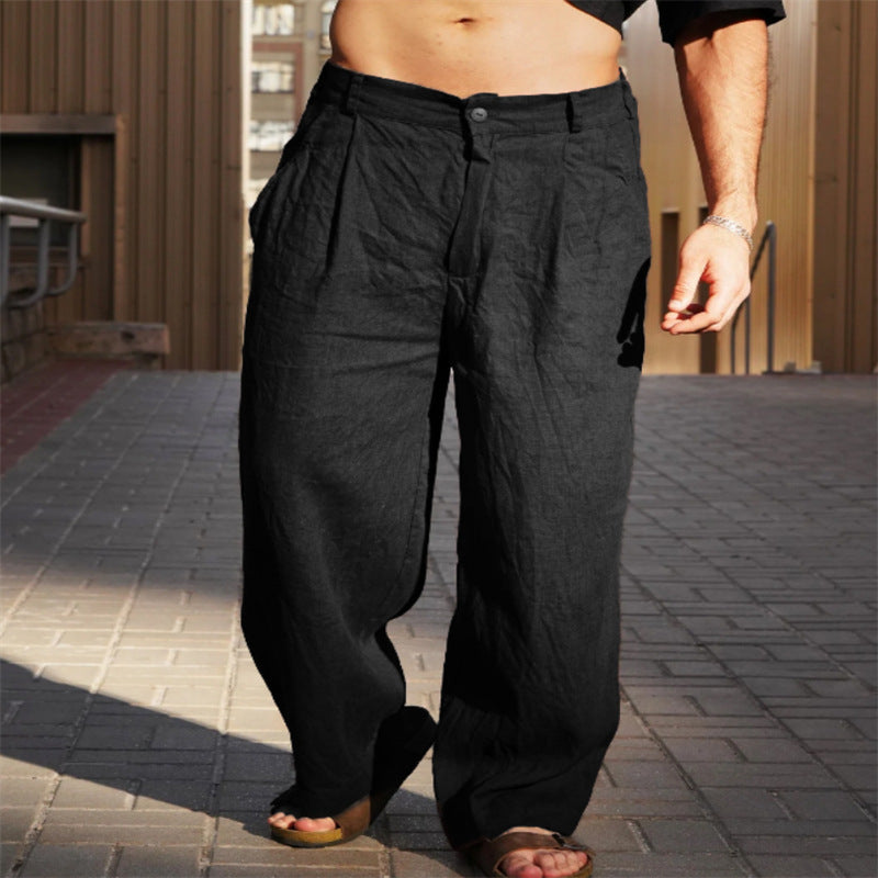 Men's Spring And Summer Linen Pleated Wide-leg Pants Mid-waist Breathable
