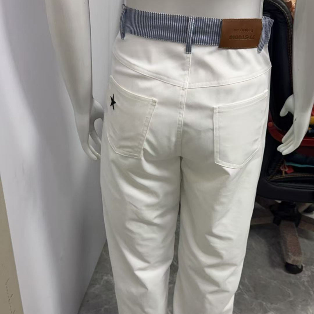 Contrast Color Letter Ribbon Decorative Straight Stitching Jeans