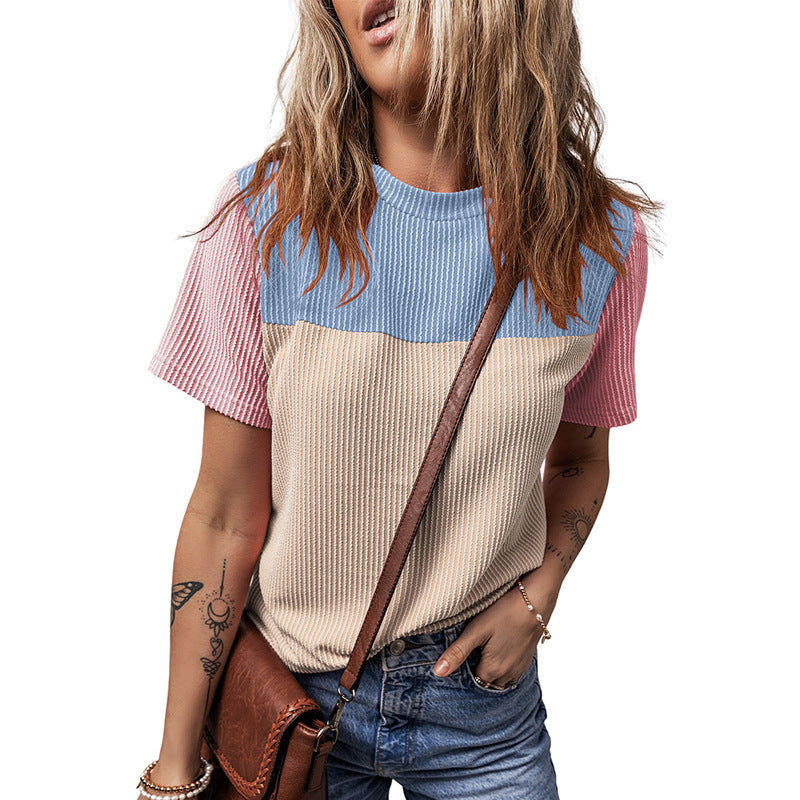 Color Matching Rib Short-sleeved T-shirt Round Neck Three-quarter Sleeve Top