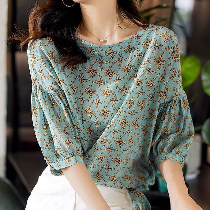 Women's Cropped Lantern Sleeve Floral Top