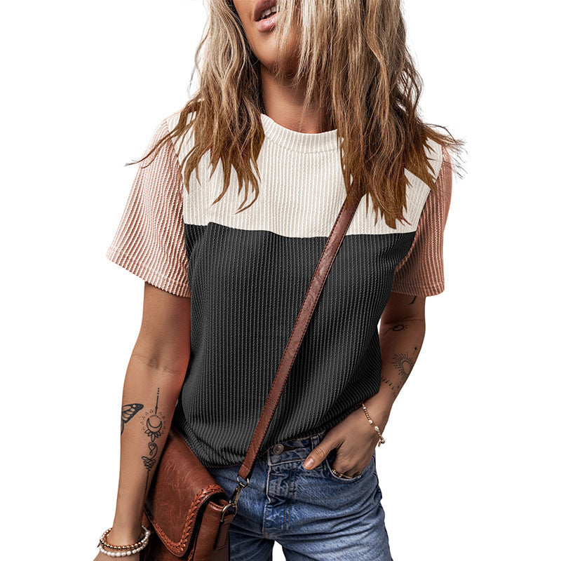 Color Matching Rib Short-sleeved T-shirt Round Neck Three-quarter Sleeve Top