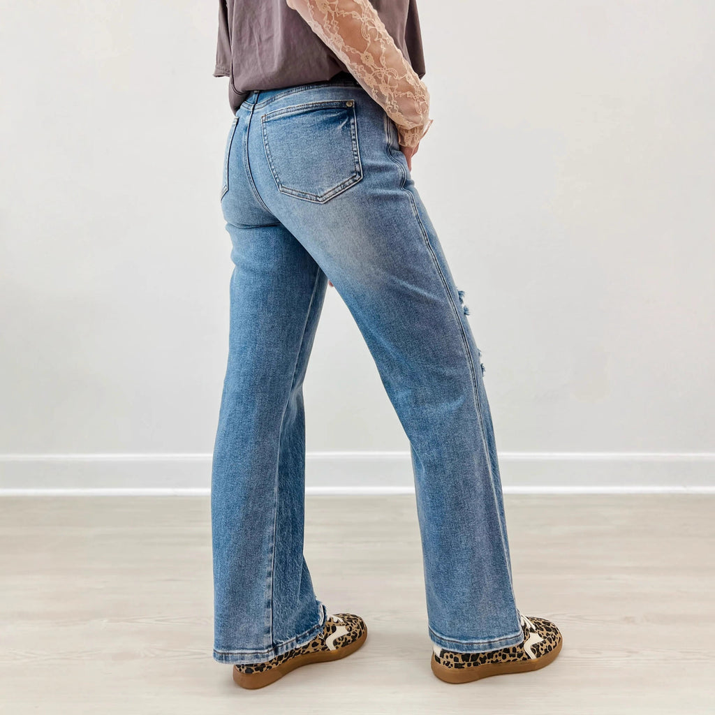 Ripped Jeans Slim-fitting Mid-waist Straight-leg Pants Distressed