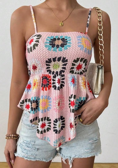 Women's Vacation Hibiscus Printed Ruffle Hem Casual Camisole Top Graphic Tees