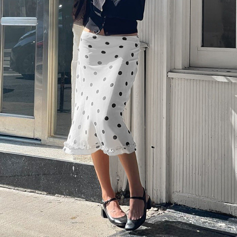 Women's French-style Color Matching Polka Dot Side Zipper Pleated Hip Skirt