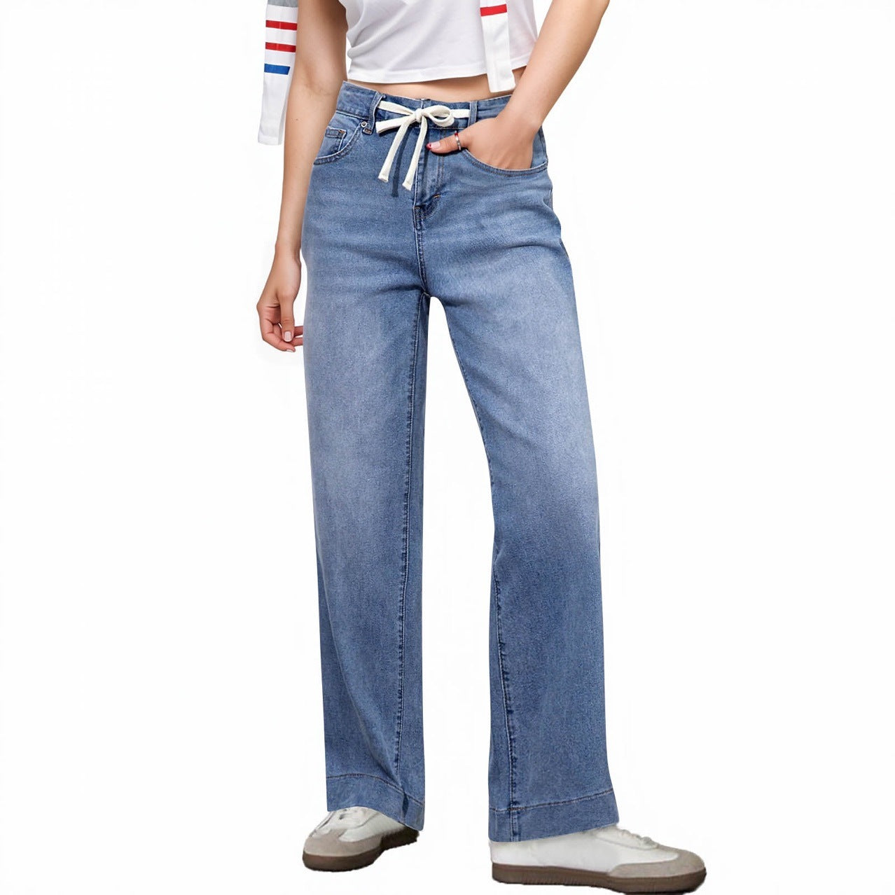 High Waist Elastic Straight Loose Drawstring Denim Trousers