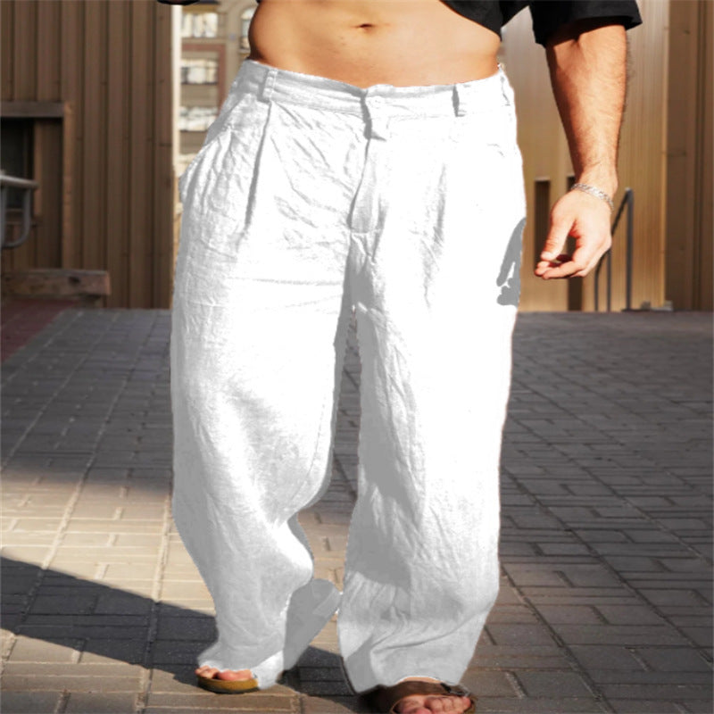 Men's Spring And Summer Linen Pleated Wide-leg Pants Mid-waist Breathable