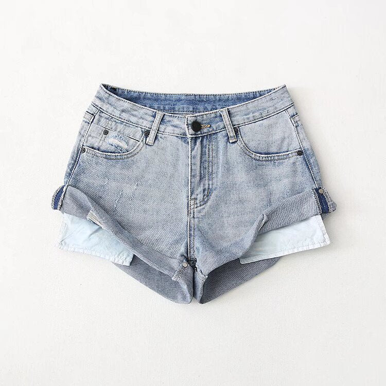 Flanging Low Waist One Button Casual Denim Shorts