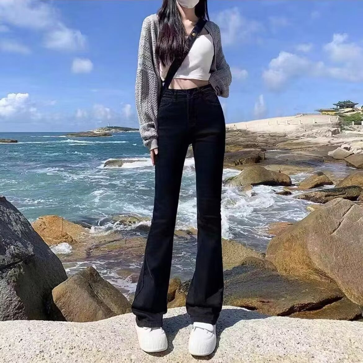 Brown High-waisted Slimming Maillard Flared Pants For Petite