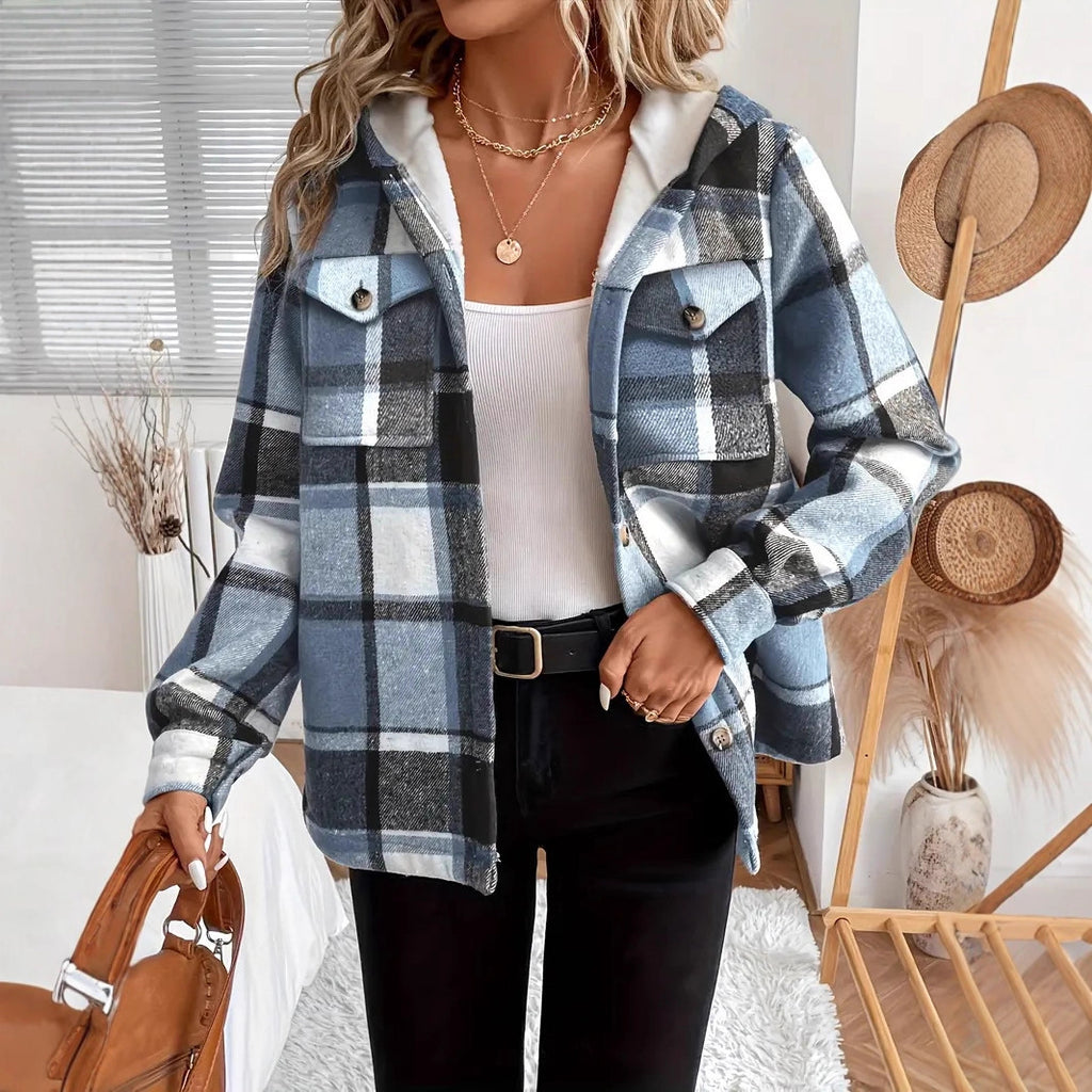 Autumn And Winter Loose Long Sleeve Casual Plaid Hooded Jacket