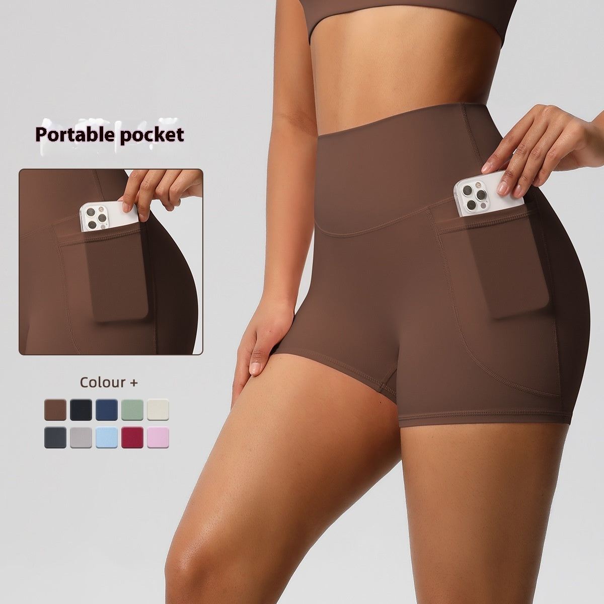 Brushed Solid Color Pocket High Waist Tight High Elastic Yoga Shorts