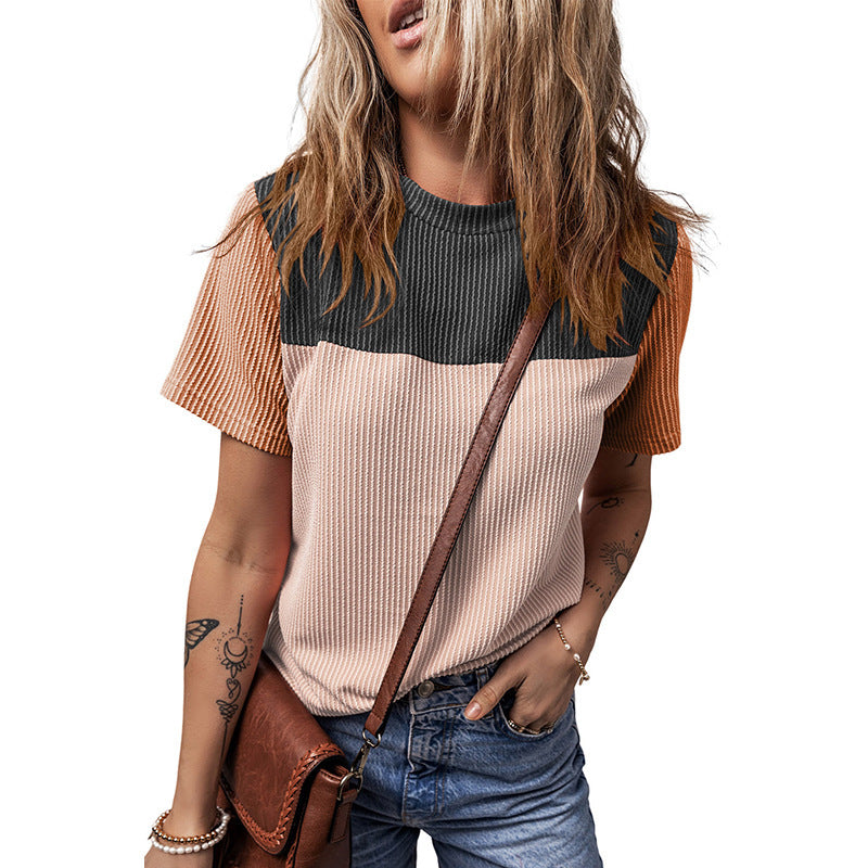 Color Matching Rib Short-sleeved T-shirt Round Neck Three-quarter Sleeve Top