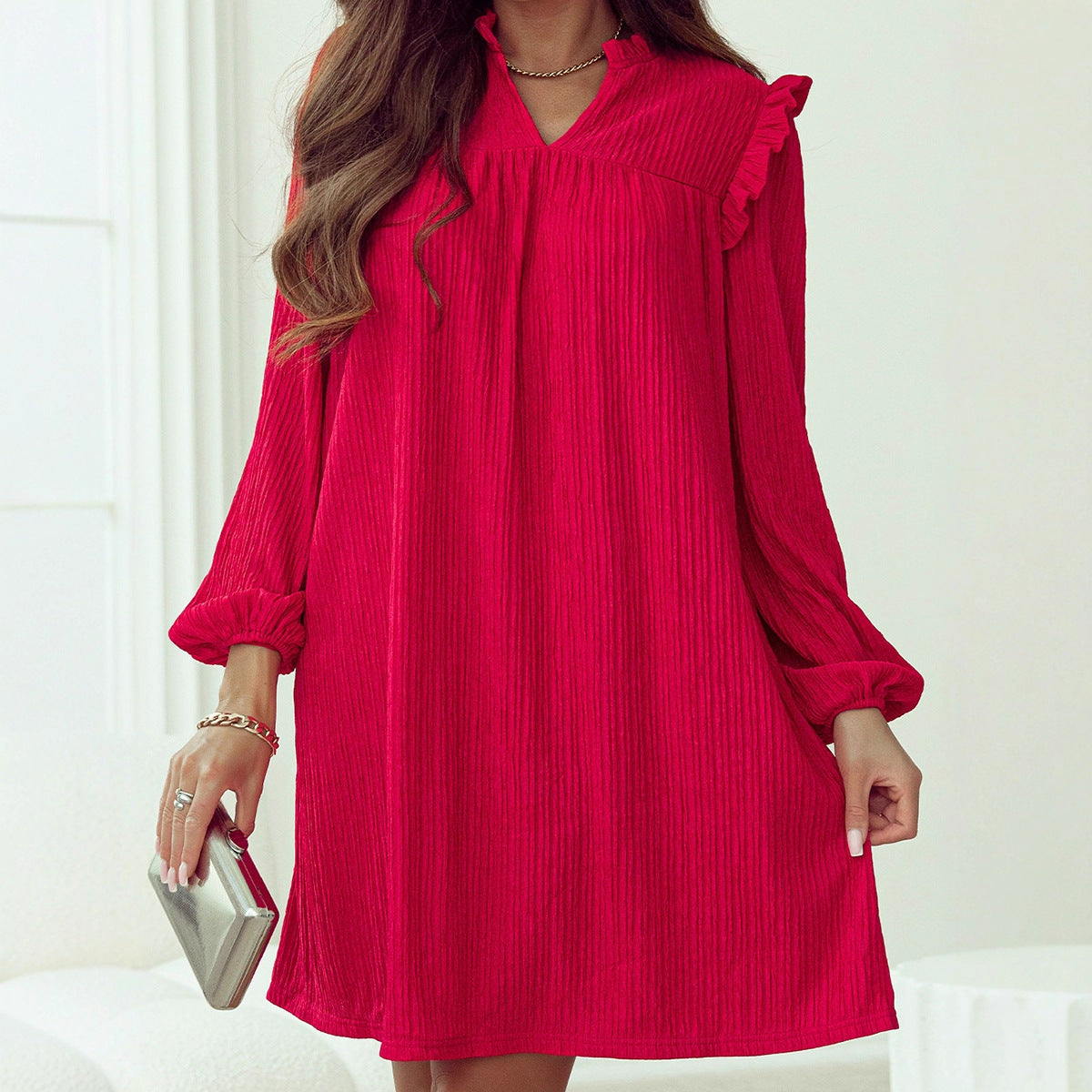 European And American Fashion Ruffled V-neck Long Sleeve Dress For Women