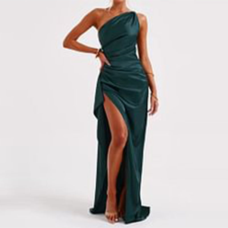 Summer New European And American Satin Slant Shoulder Will Not Be Like Slit Design Sexy Dress