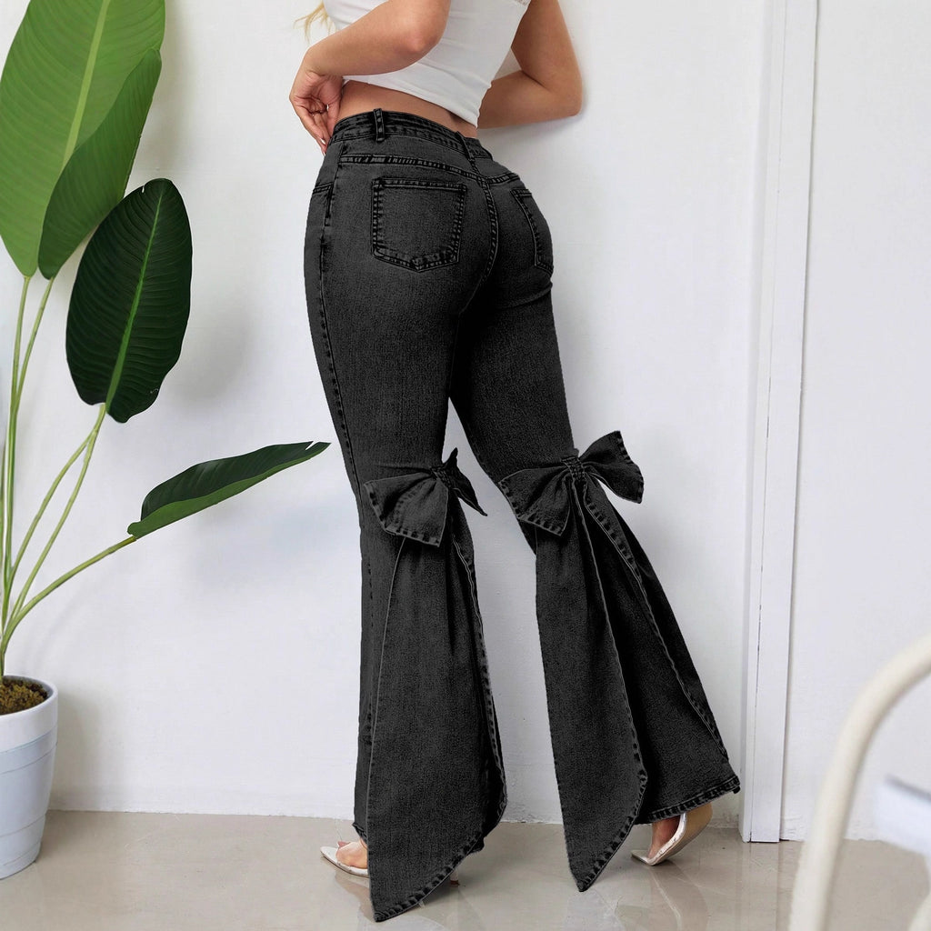 European And American Retro Three-dimensional Bow Slim-fit Mid-stretch Mop Horn Denim Trousers