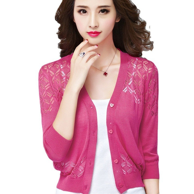 V-neck Short Outer Wear Cardigan Hollow-out Knitted Coat