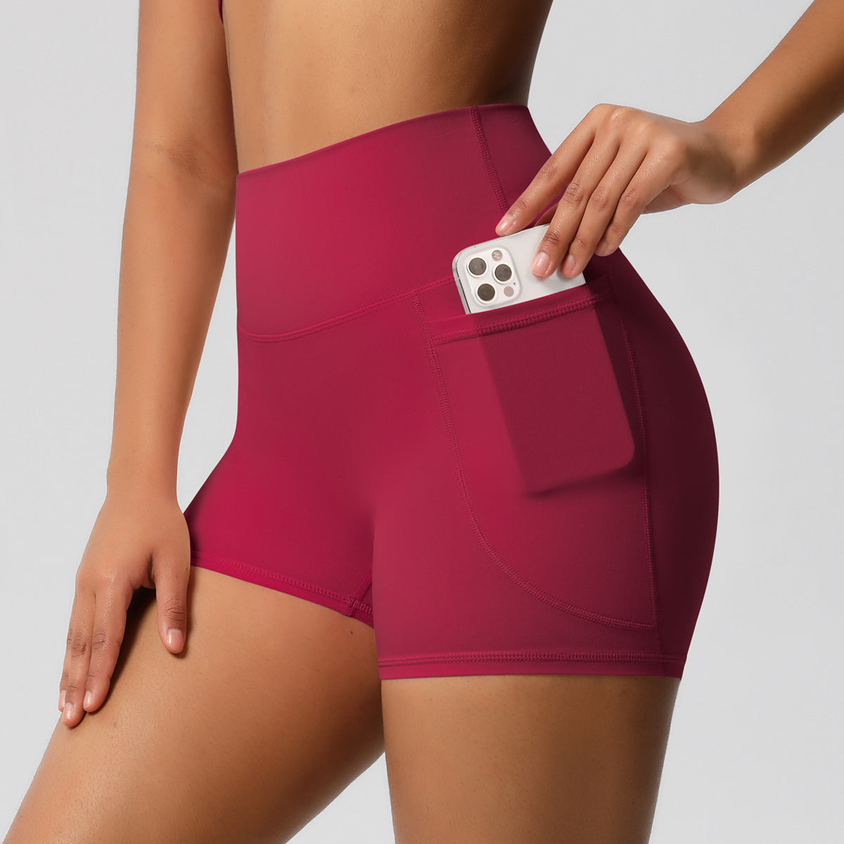 Brushed Solid Color Pocket High Waist Tight High Elastic Yoga Shorts