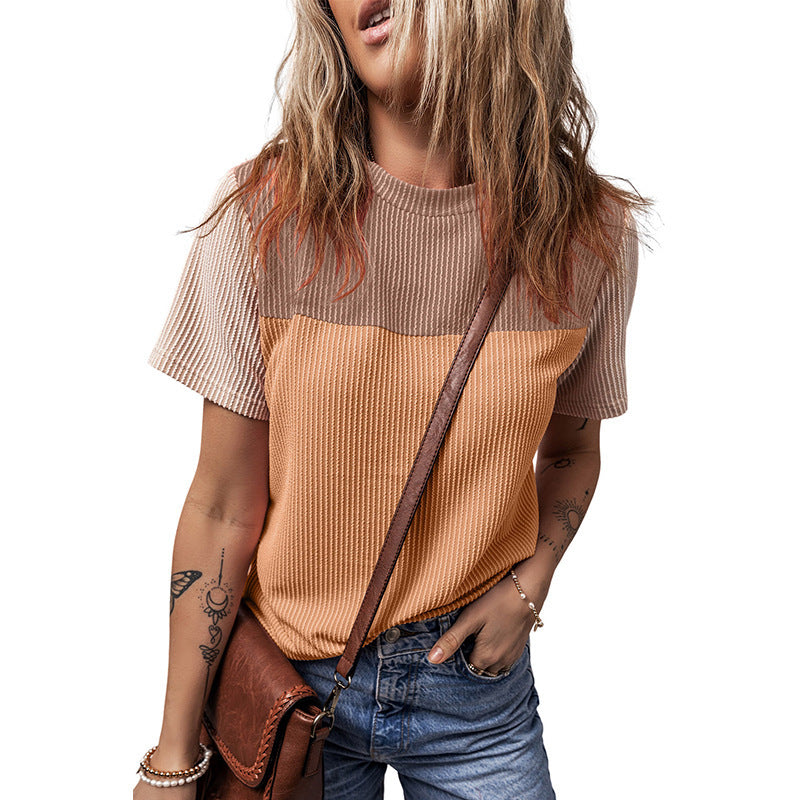 Color Matching Rib Short-sleeved T-shirt Round Neck Three-quarter Sleeve Top