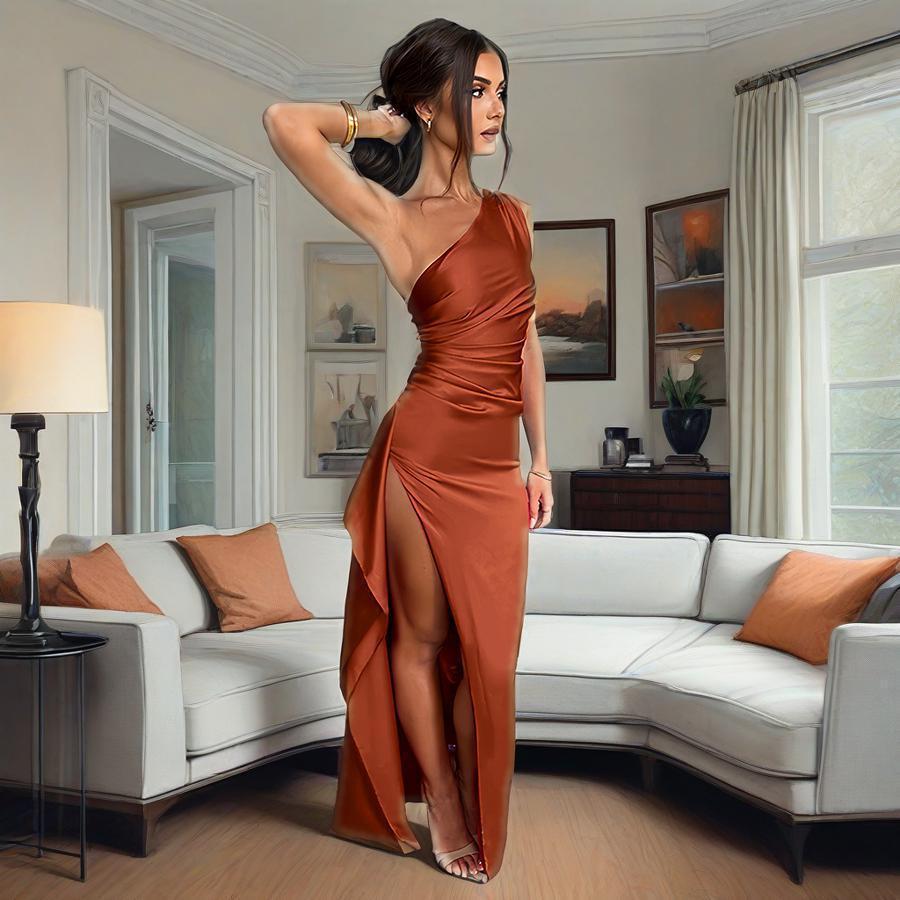 Summer New European And American Satin Slant Shoulder Will Not Be Like Slit Design Sexy Dress