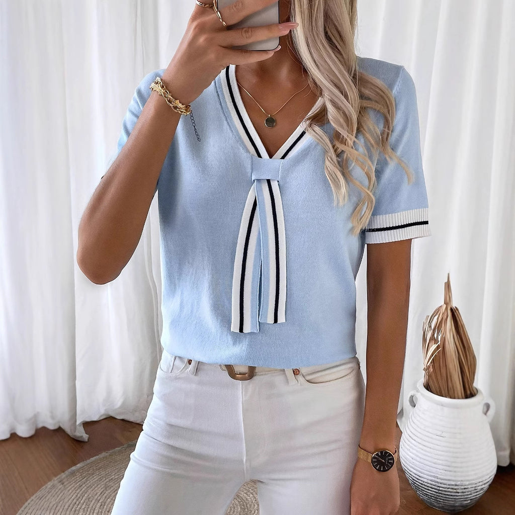 Women's Contrast Color V-neck Short Top Sweater