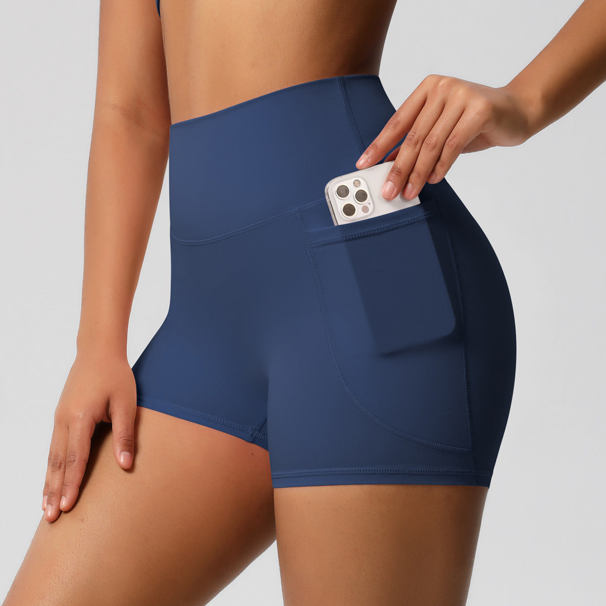 Brushed Solid Color Pocket High Waist Tight High Elastic Yoga Shorts