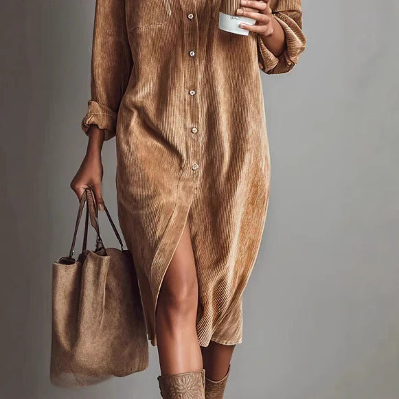 Corduroy Long Sleeve Lapel Shirt Loose Long Dress