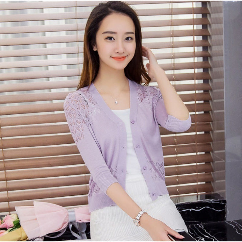 V-neck Short Outer Wear Cardigan Hollow-out Knitted Coat