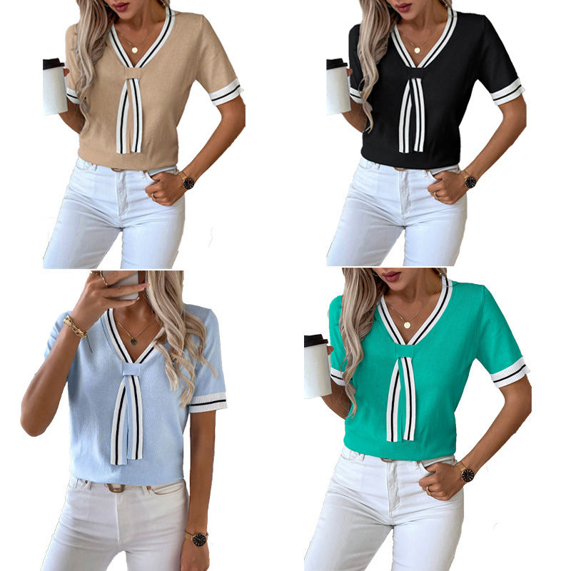 Women's Contrast Color V-neck Short Top Sweater
