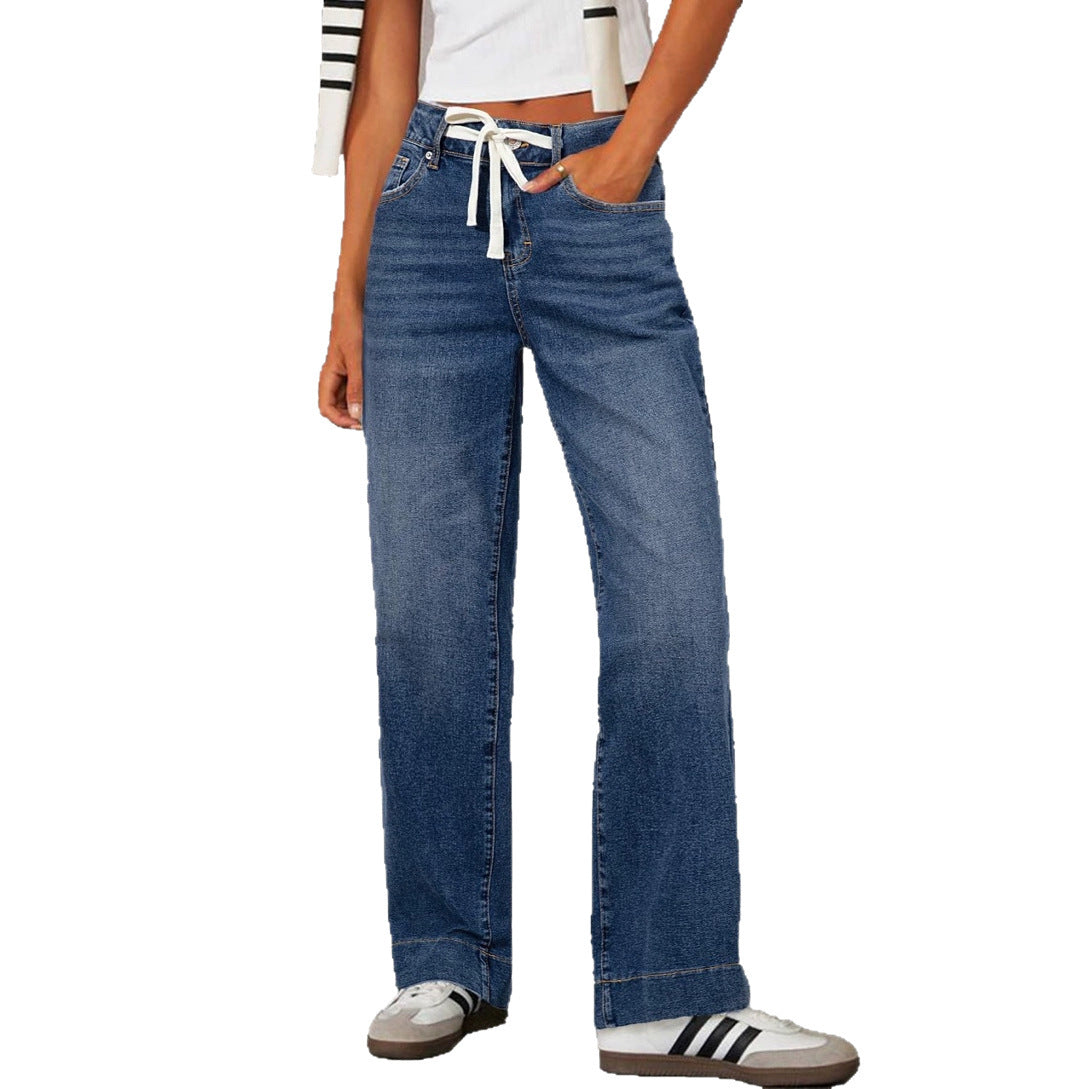 High Waist Elastic Straight Loose Drawstring Denim Trousers