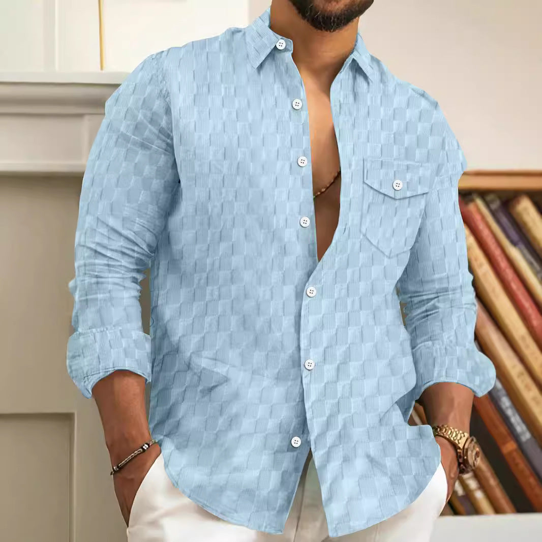 Men's Plaid Jacquard Chest Pocket Lapels Long Sleeve Lapel Shirt