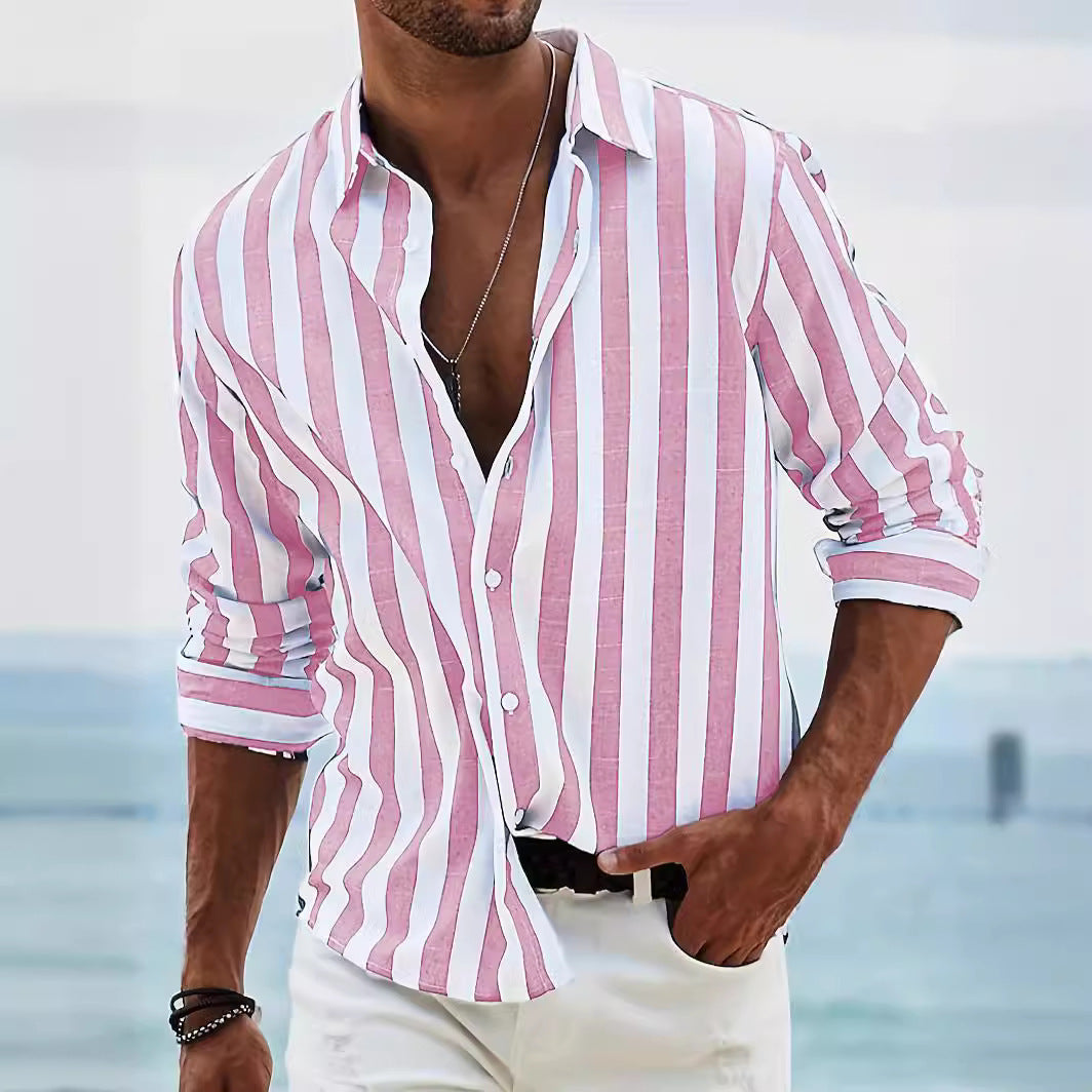 Men's Yarn-dyed Striped Casual Loose Long-sleeved Shirt