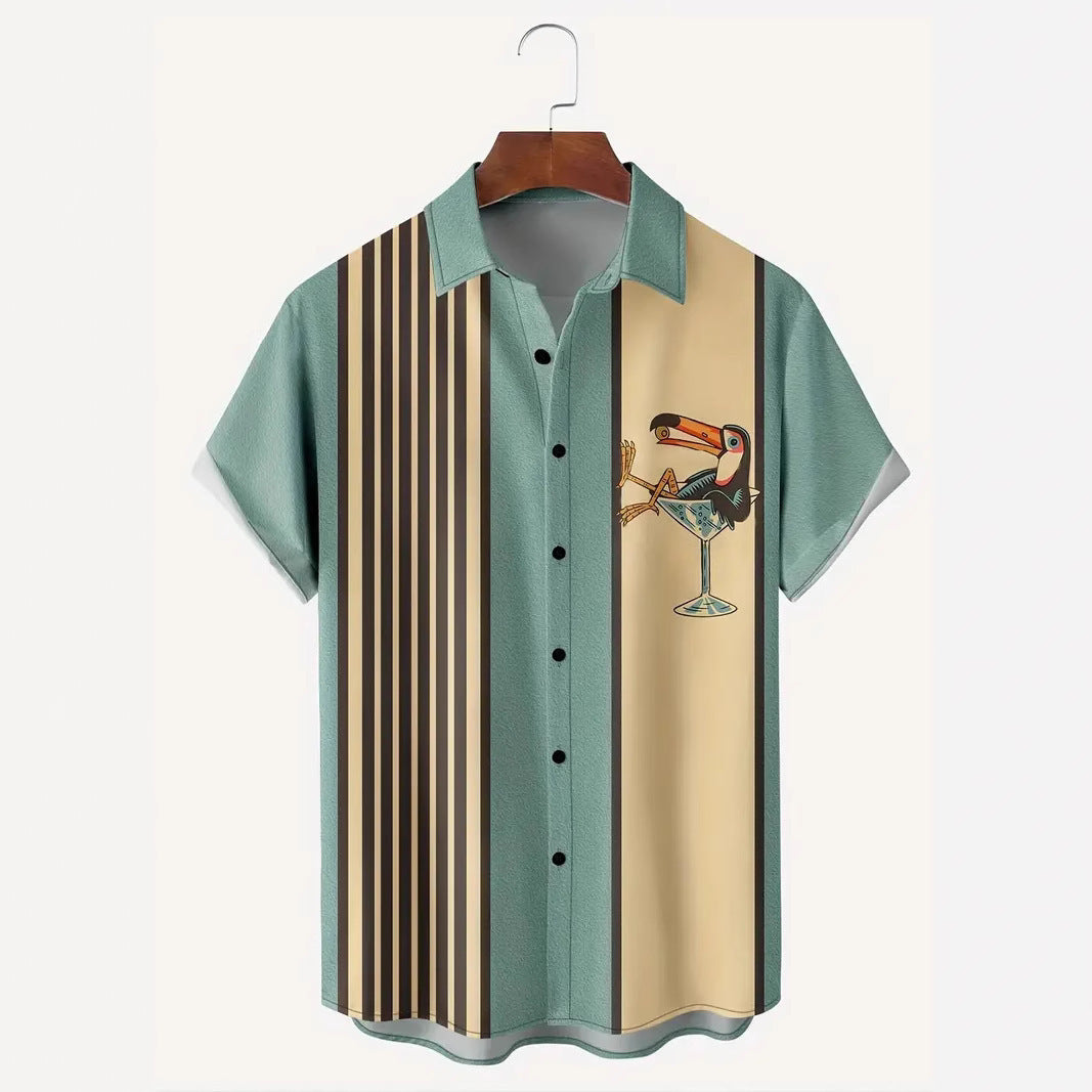 Hawaiian Shirt Striped Pattern Buckle Short Sleeve Men