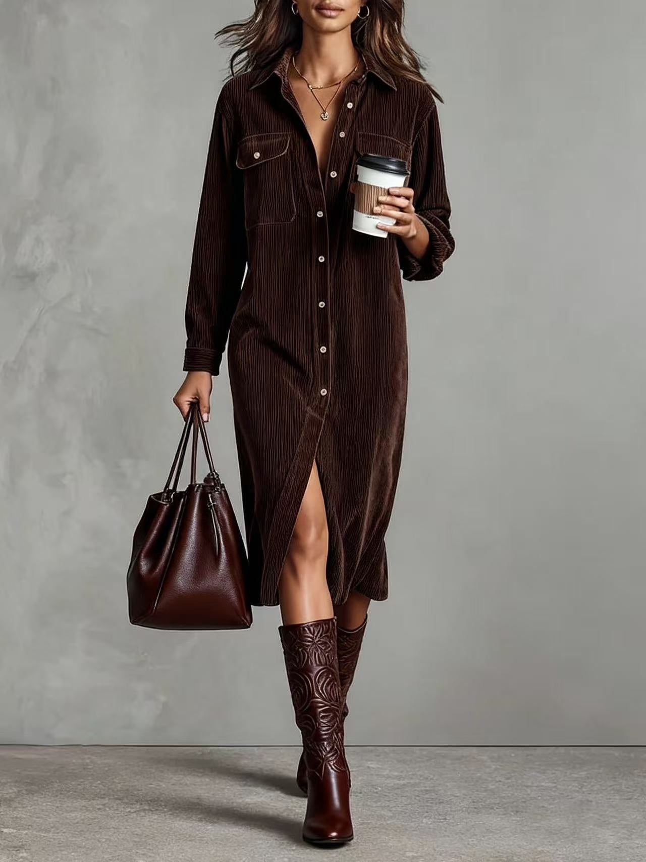 Corduroy Long Sleeve Lapel Shirt Loose Long Dress