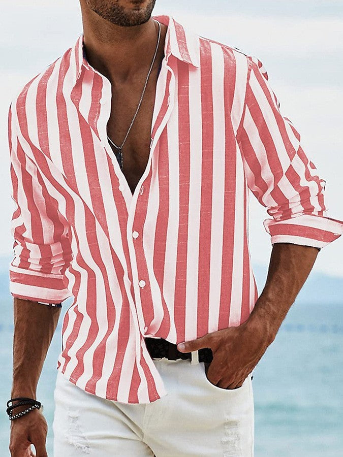 Men's Yarn-dyed Striped Casual Loose Long-sleeved Shirt