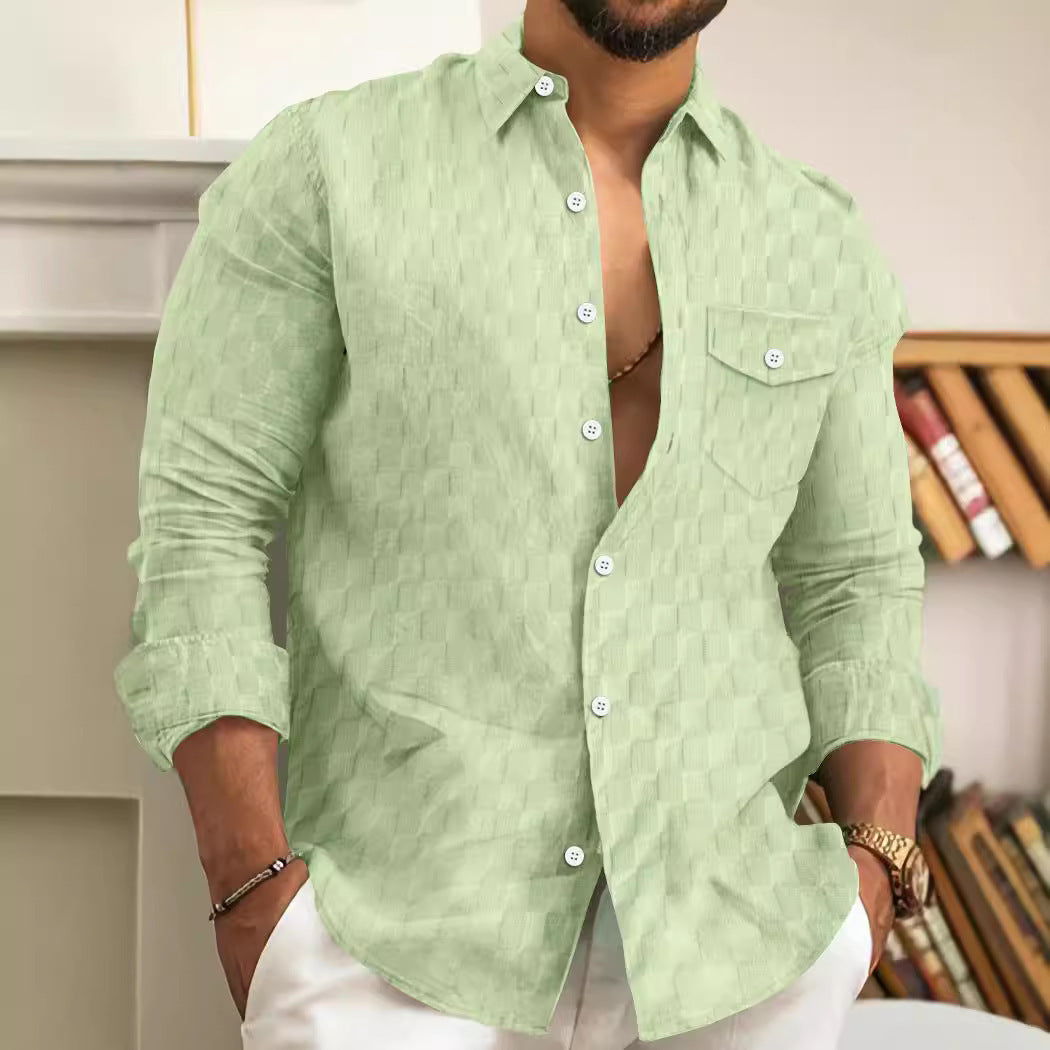 Men's Plaid Jacquard Chest Pocket Lapels Long Sleeve Lapel Shirt