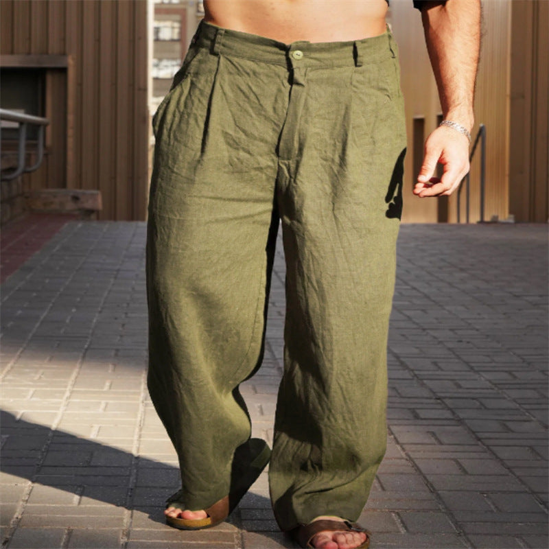 Men's Spring And Summer Linen Pleated Wide-leg Pants Mid-waist Breathable
