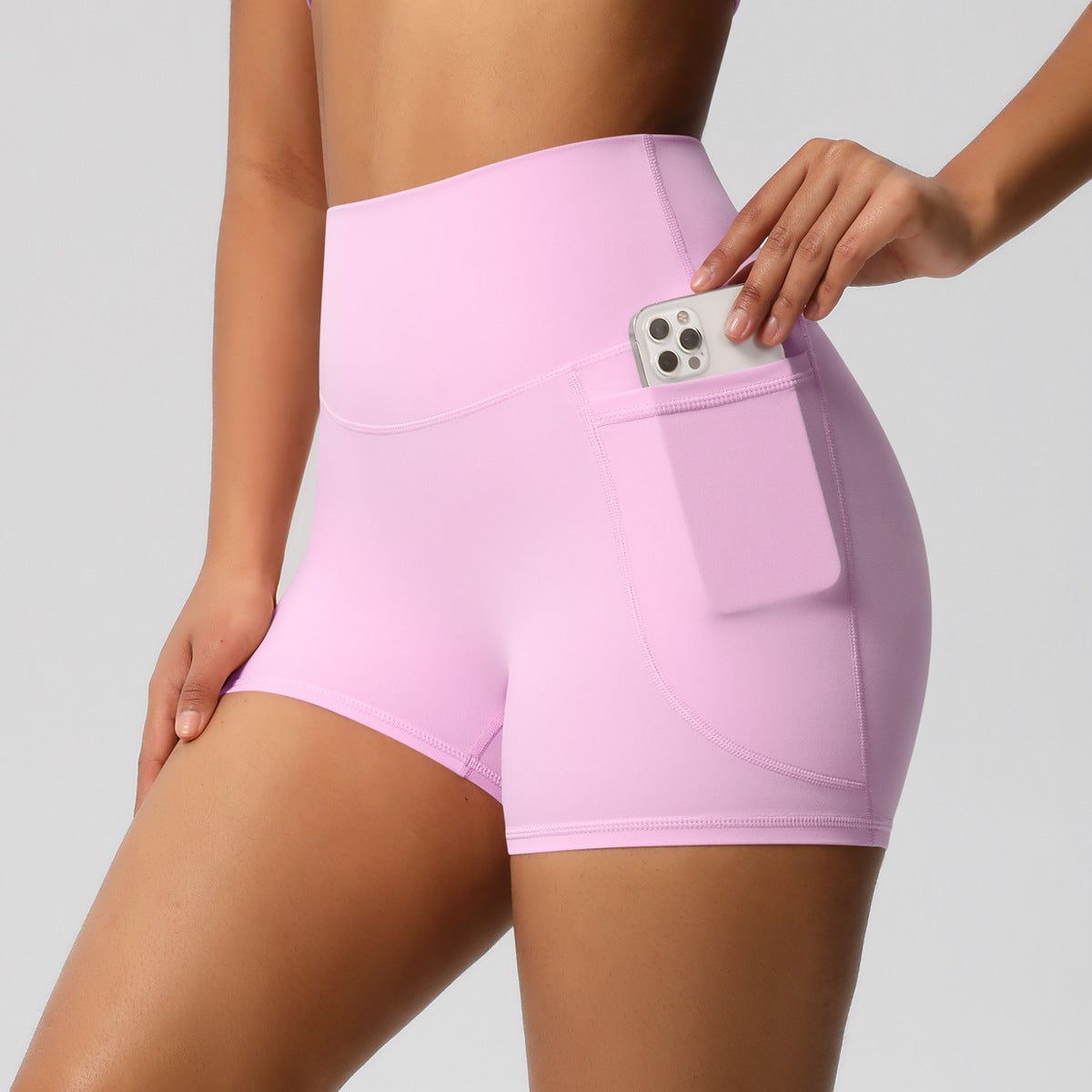 Brushed Solid Color Pocket High Waist Tight High Elastic Yoga Shorts